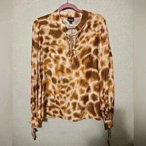 Roberto Cavalli Brown Printed Crepe De Chine Tie Detail Blouse